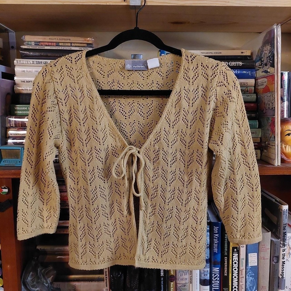 Vintage Outlooks Y2K Tan Pointelle Knit Front Tie Cardigan‎ Sweater Medium